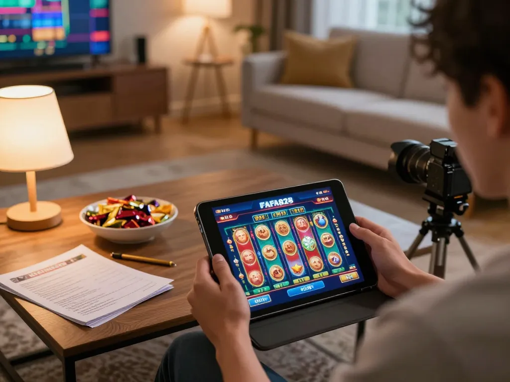 Person engaging with FAFA828 online slots on tablet in a cozy gaming setup.