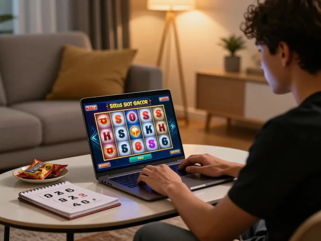 Situs slot gacor gameplay on a laptop in a cozy living room, highlighting responsible gambling.