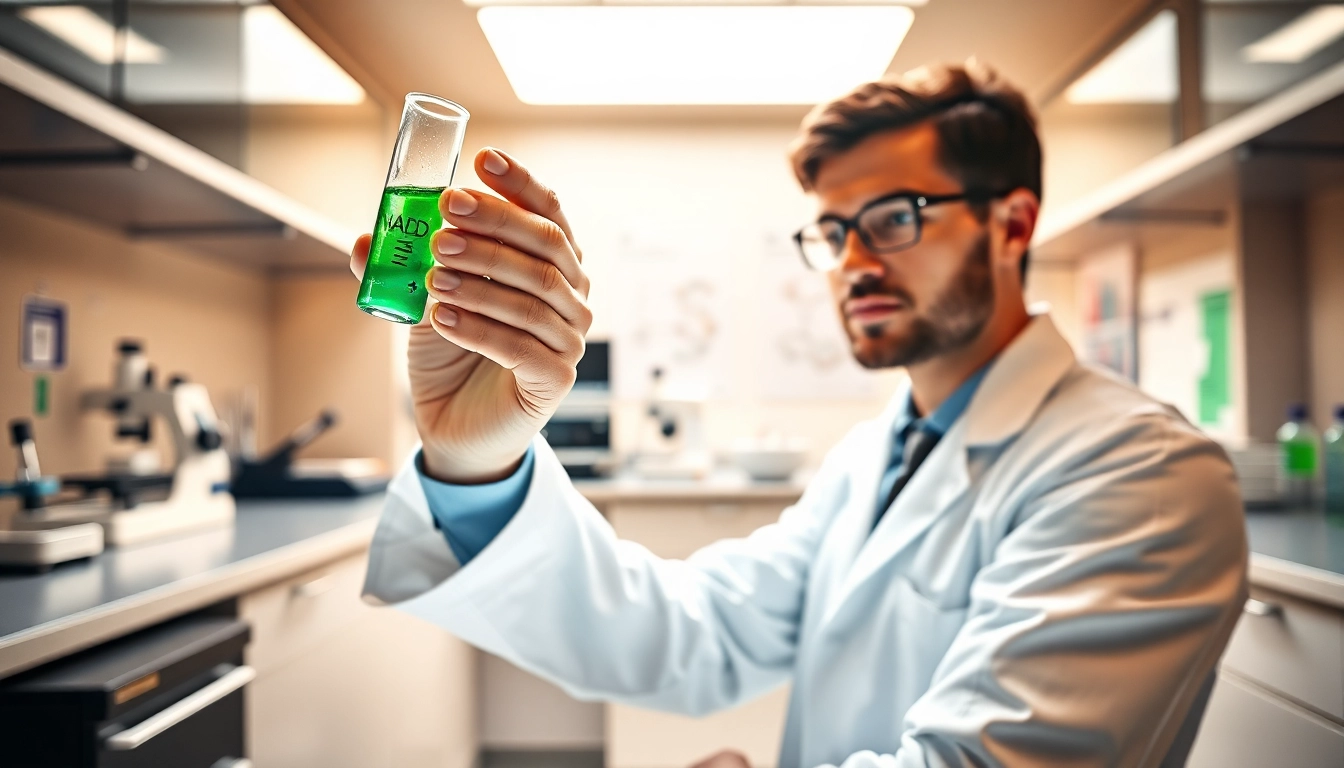 Analyze NAD+ molecules in a vibrant lab setting with modern equipment.