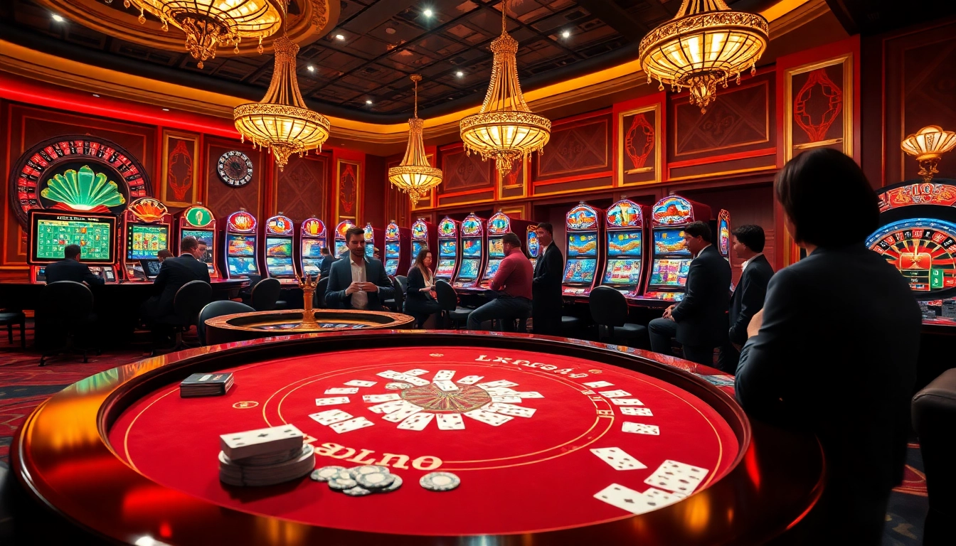 Foule profitant d'un casino en ligne sophistiqué avec du poker virtuel et des machines à sous vibrantes.