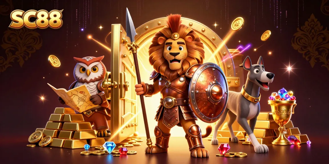 SC88 showcases a heroic Spartan lion amid treasures, highlighting casino excitement.