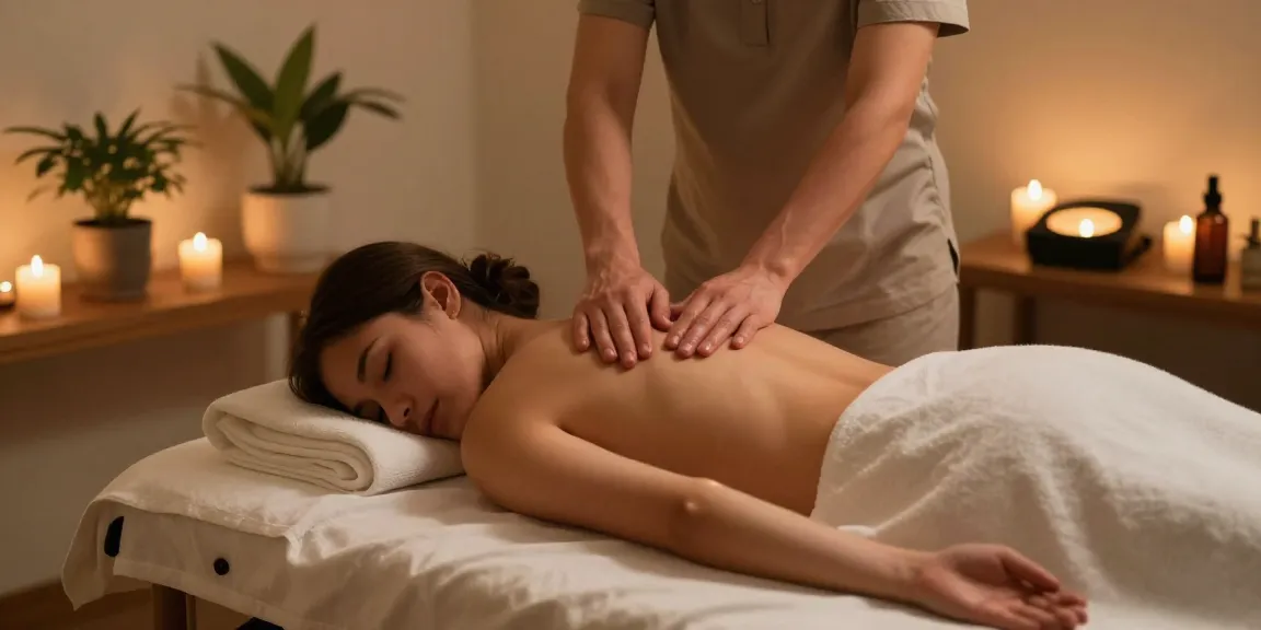 마사지 치료 중인 모습으로, 편안한 스파 환경에서 아로마 오일을 사용하여 고객을 마사지하는 모습.
