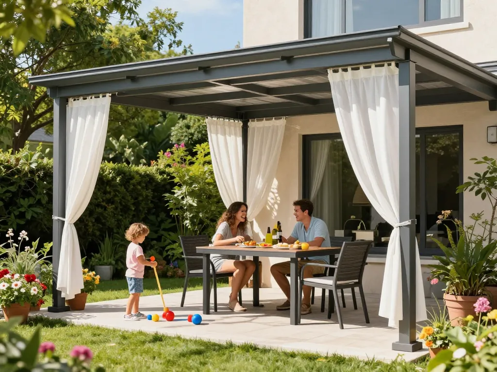 Stylische Terrassenüberdachung mit Familie, die im sonnigen Garten im Freien speist.