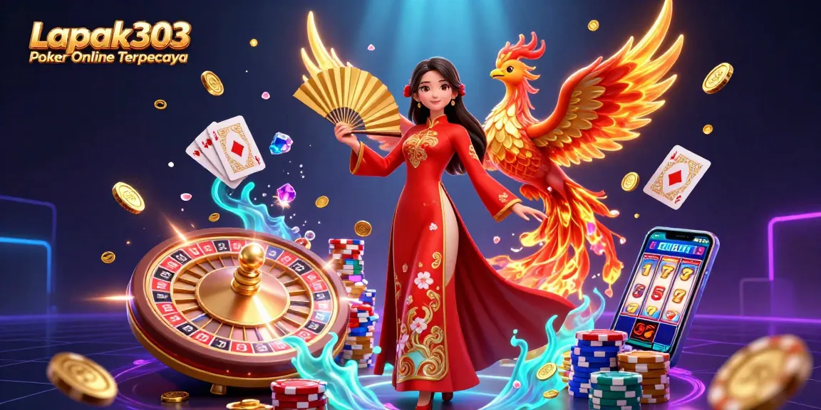 Experience the thrill of winning at Lapak303 Poker Online Terpercaya featuring vibrant characters amidst casino elements.