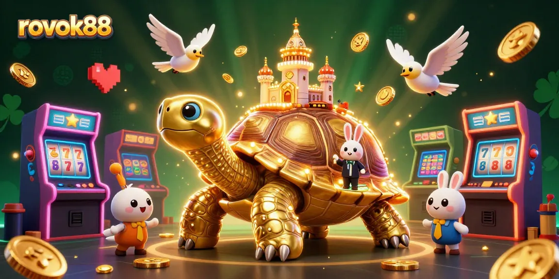 Experience thrilling gaming excitement with rokok88 as golden tortoise and rabbit dealer create a vibrant casino scene.