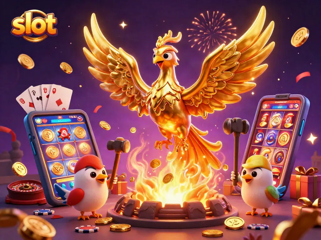 Permainan slot yang mengesankan dengan simbol keberuntungan dan emas mengalir dari phoenix