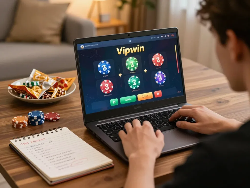 Player strategizing for winning at Vipwin casino, focused on laptop with chips and notes.