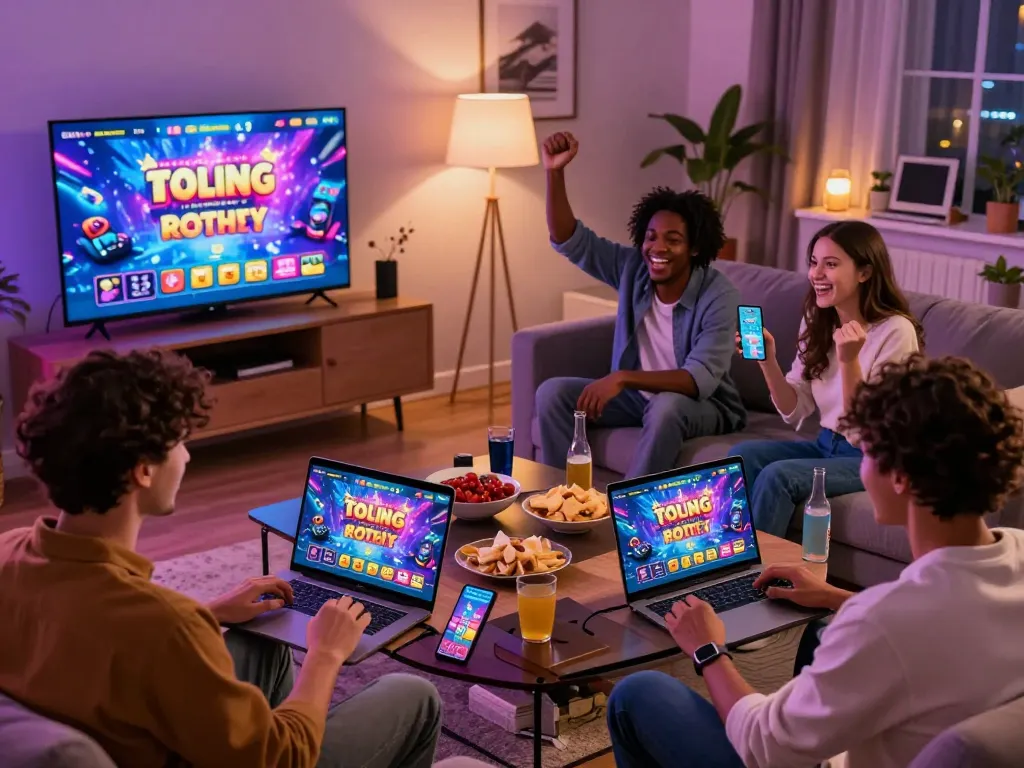 Friends celebrating a win while playing wraungtoto lottery game online, showcasing vibrant living room atmosphere.