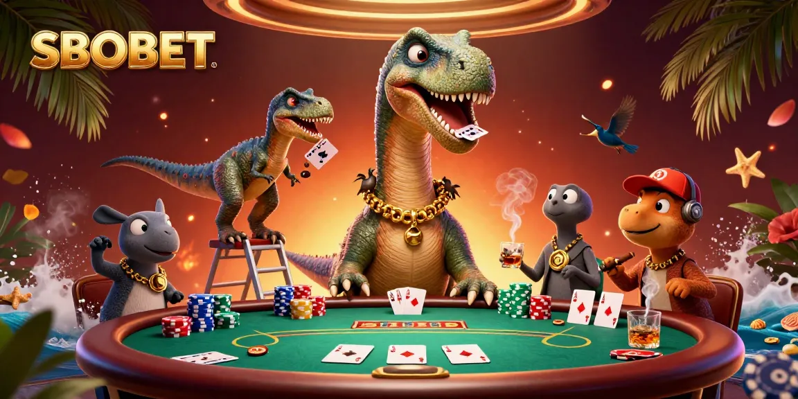 SBOBET offers engaging poker scenarios with a dinosaur dealer in a vibrant casino illustration.