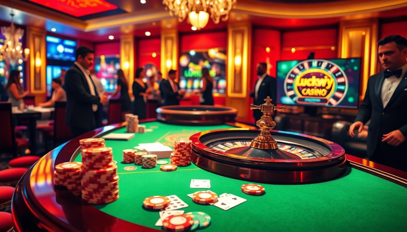 Experience the excitement of gambling at https://luckywin.fan/ with vibrant casino games featuring poker chips, roulette wheels, and dynamic players.