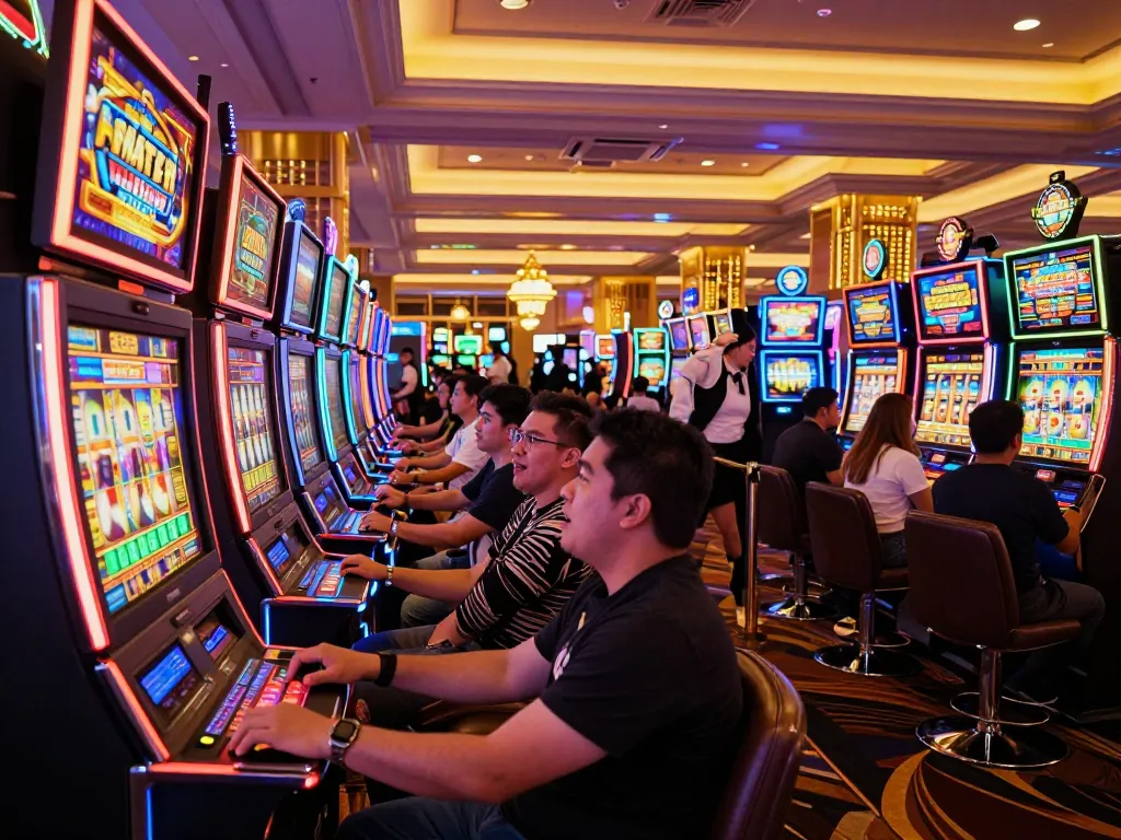 Engage with exciting slot gacor machines as players watch reels spin in a vibrant casino environment.