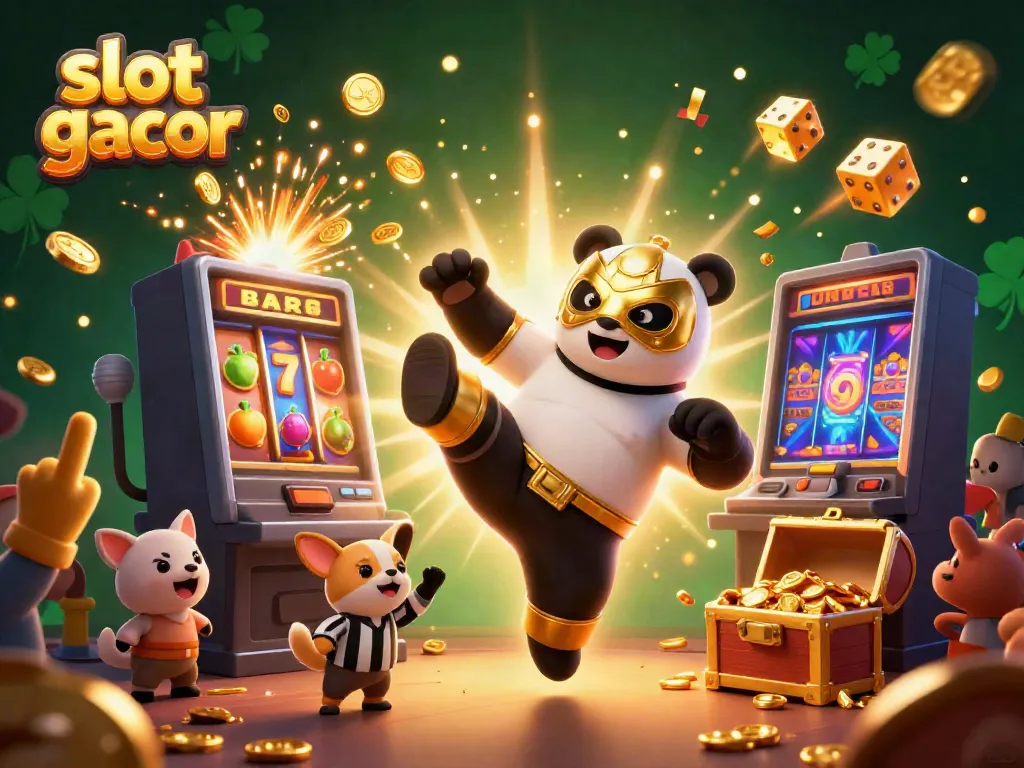 Experience the thrill of slot gacor with a cartoon panda wrestler in a vibrant casino scene.