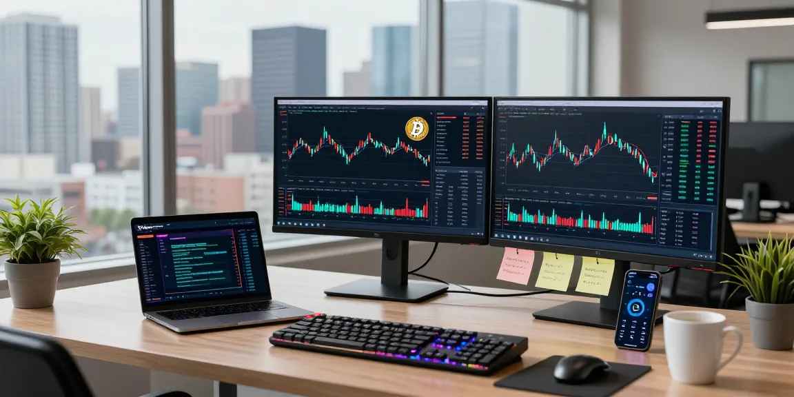 Focused crypto trader analyzing charts on multiple screens in a secure cloud mining provider environment, showcasing advanced trading tools and a digital wallet.