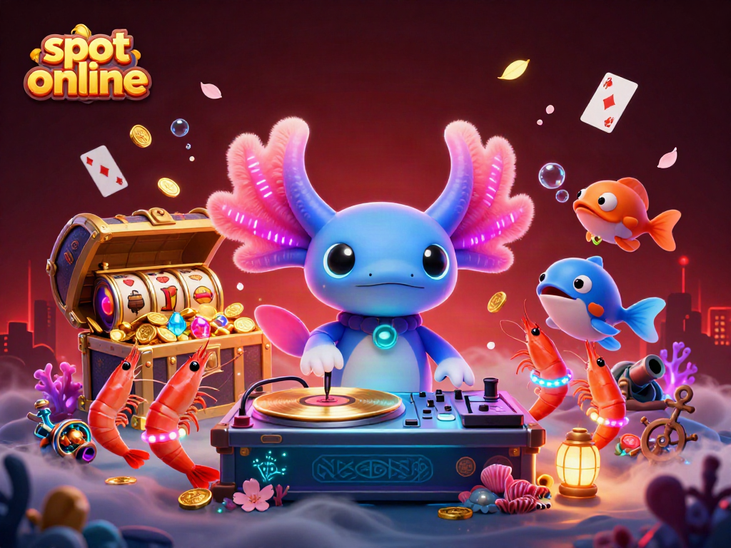 Experience vibrant slot online excitement with a neon axolotl DJ and dynamic underwater treasures.
