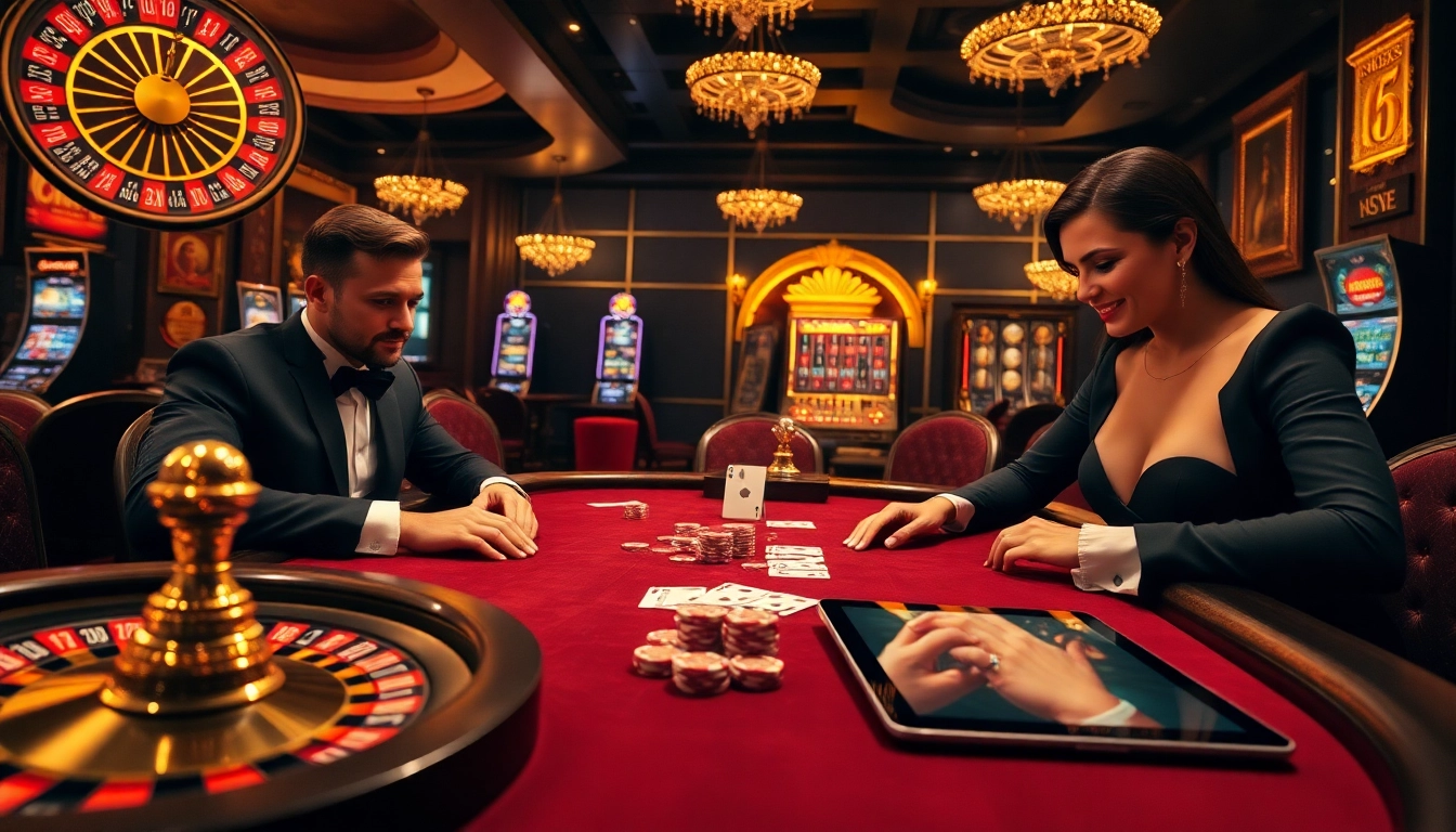 Des joueurs captivés à une table de poker de casino en ligne luxueuse avec roulette et machines à sous.
