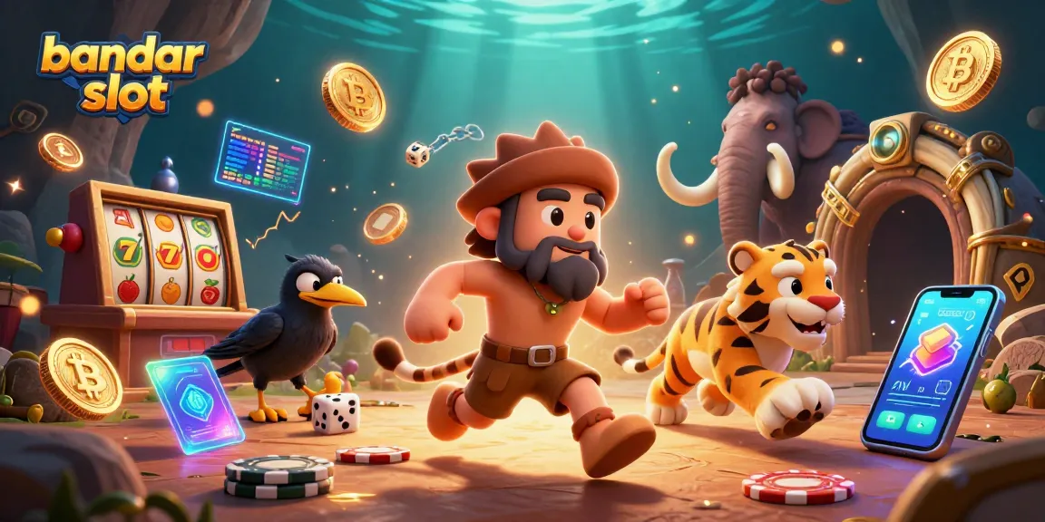 Experience the excitement of bandar slot with a captivating prehistoric casino scene featuring animated characters and slot elements.