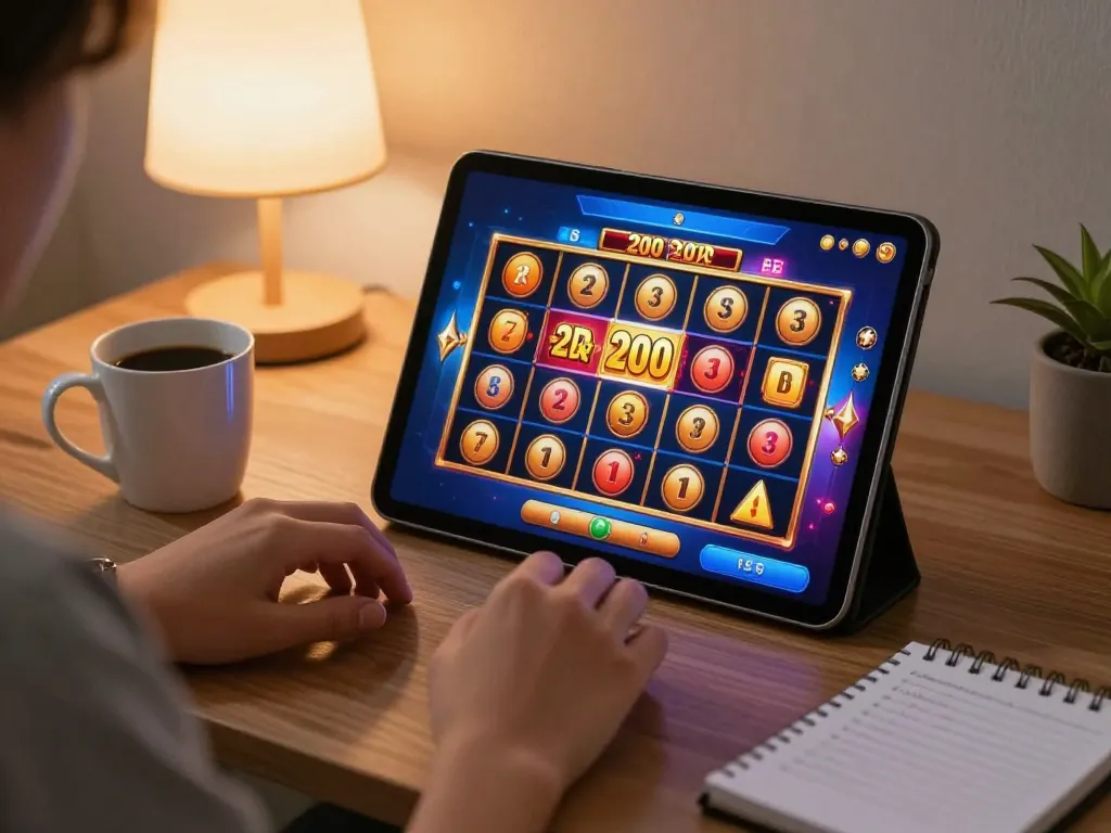 Enjoying a slot bet 200 perak game on a tablet in a cozy home setting.