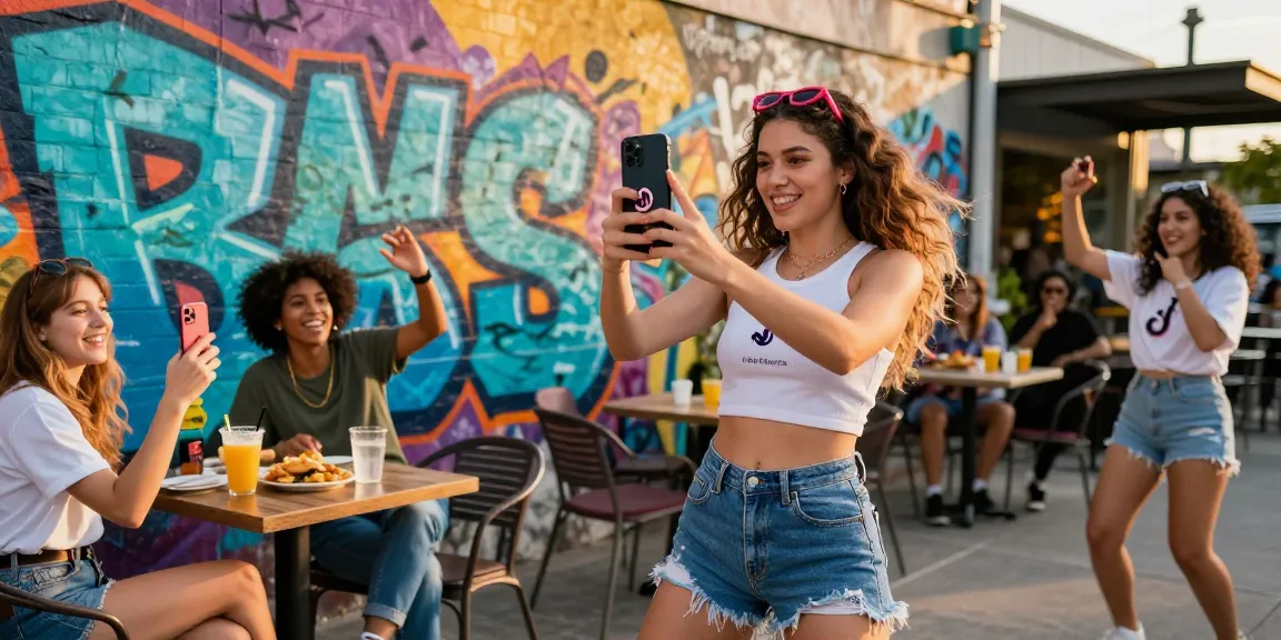 How to get famous on TikTok: Influencer filming a dance challenge in an urban setting with vibrant colors and engaged friends.