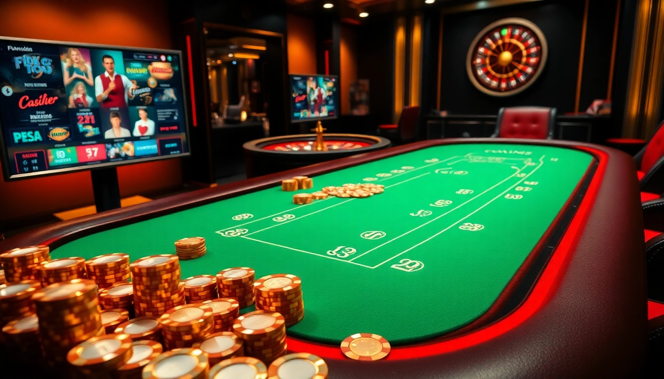 Découvrez l'excitation du casino en ligne avec une configuration de table de poker numérique luxueuse, comprenant des jetons colorés et une roue de roulette.