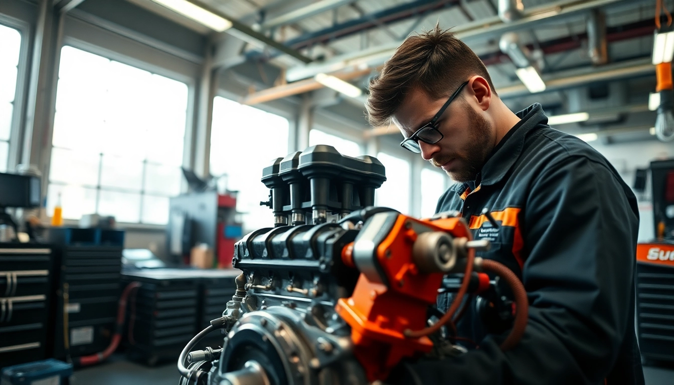Approved Engines examined by a professional technician in a vibrant workshop environment.
