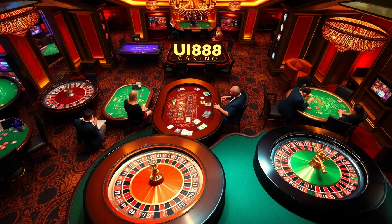Engaging players at UU88 casino tables with cards, chips, and vibrant gameplay.