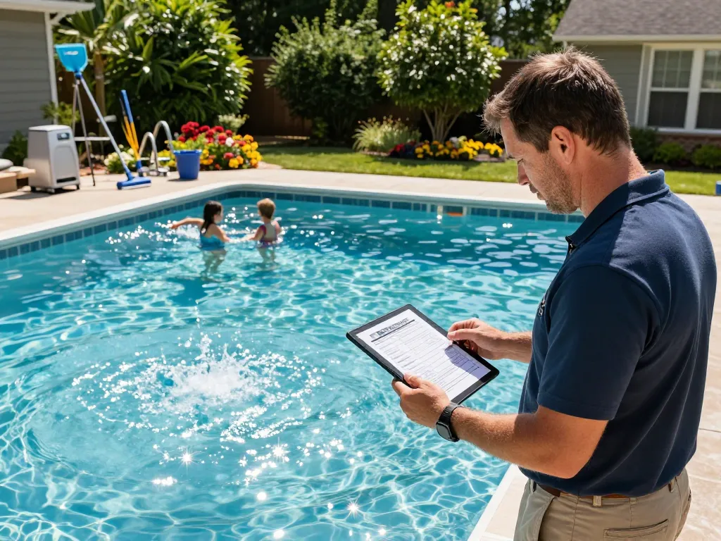 Dolphin Pool Services technician conducting pool maintenance with a family enjoying their pool in Virginia