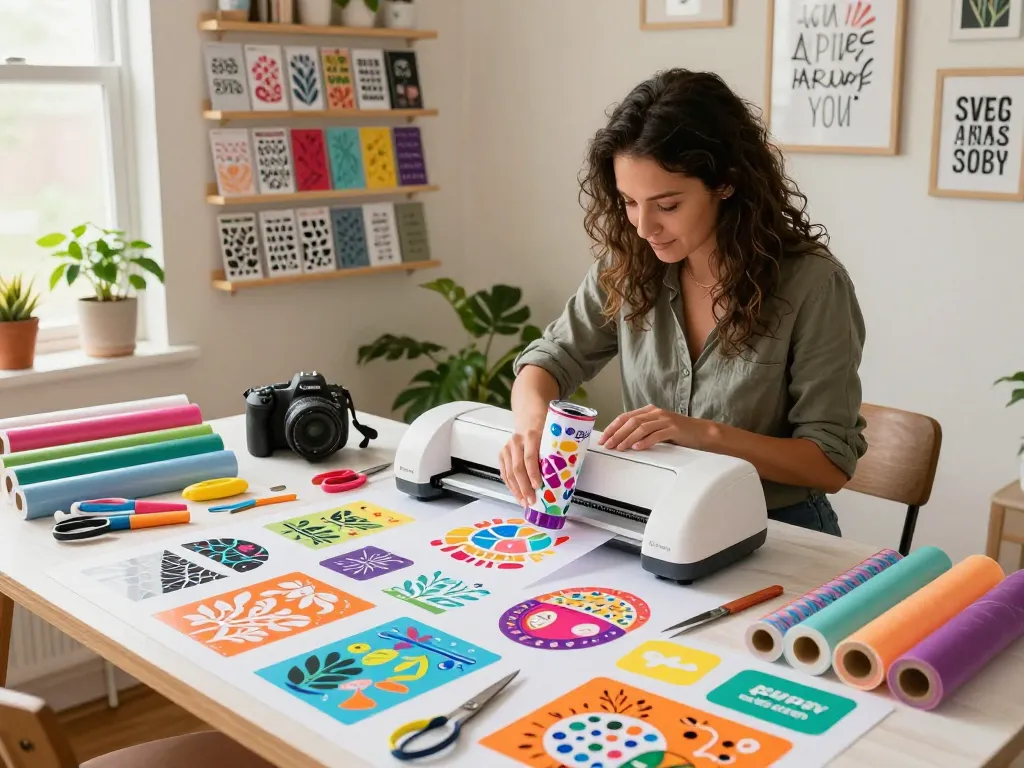 Cricut SVG bundle design workspace with colorful materials and a creator focused on crafting.