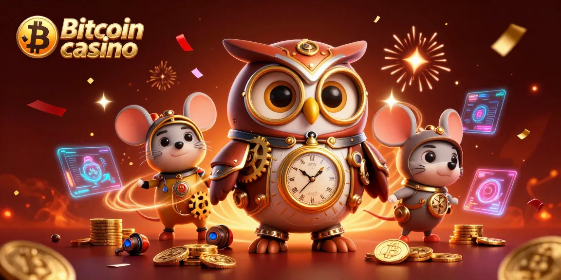 Illustration de casino Bitcoin mettant en scène une chouette voyageuse et des éléments de jeu futuristes.