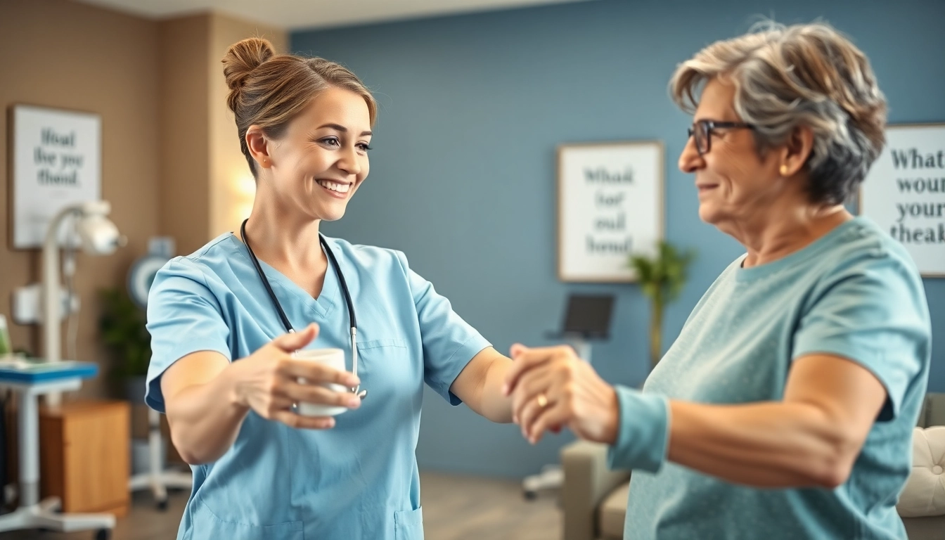 Senior physiotherapy Edmonton session demonstrating care with a patient in a welcoming clinic.