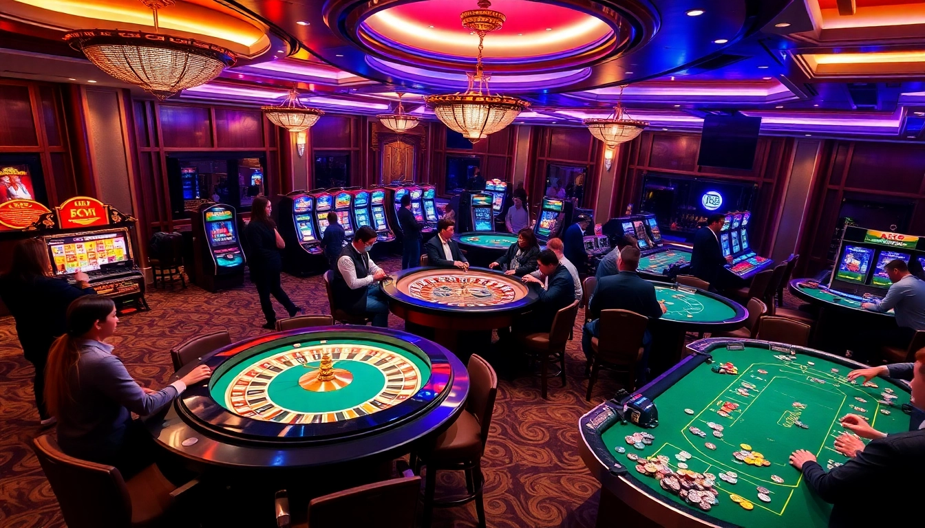 ABC8 players enjoying a thrilling casino game night with vibrant tables and exciting slot machines.