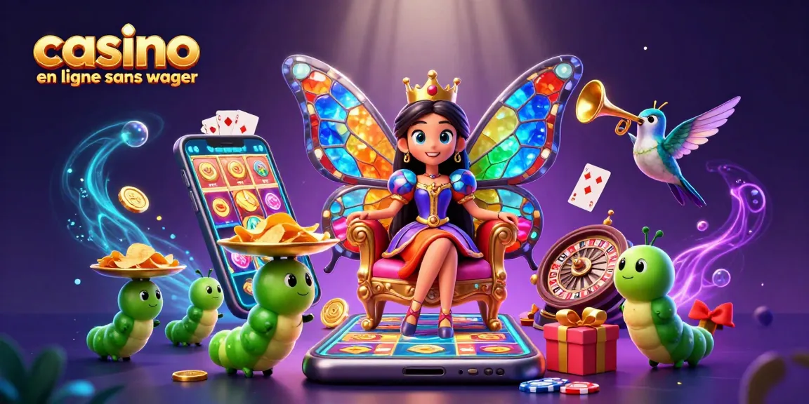 Visuel vibrant représentant le casino en ligne sans wager avec la reine des papillons, des jeux et des jetons dorés.
