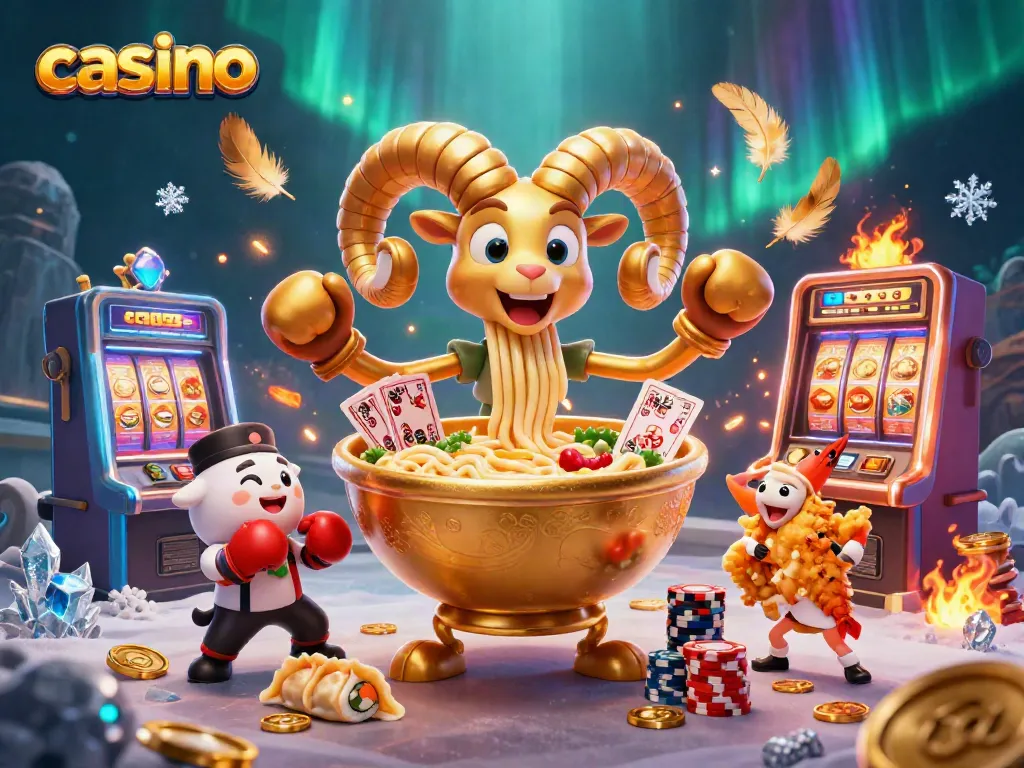 Casino scene showcasing a giant ramen bowl character dealing cards and stacking chips amidst vibrant gaming elements.