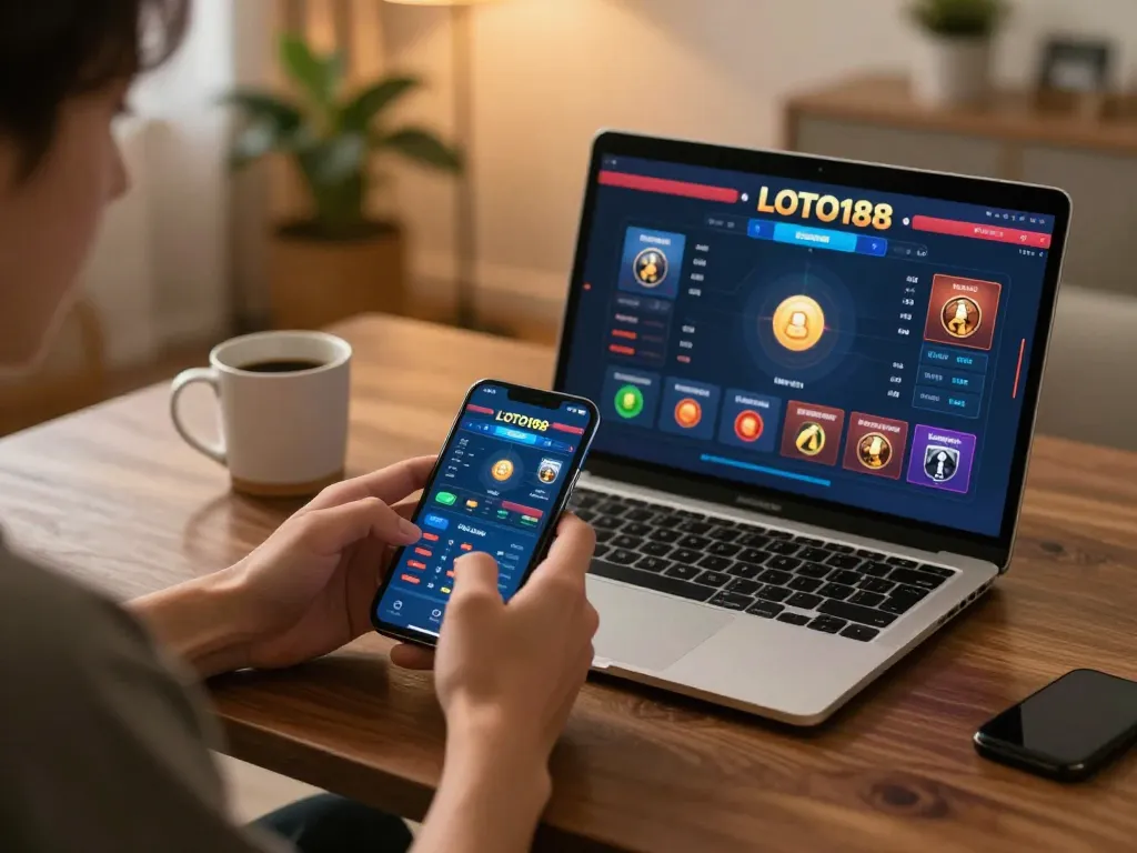 Player using LOTO188 on smartphone for online gaming, engaged in strategic gameplay.