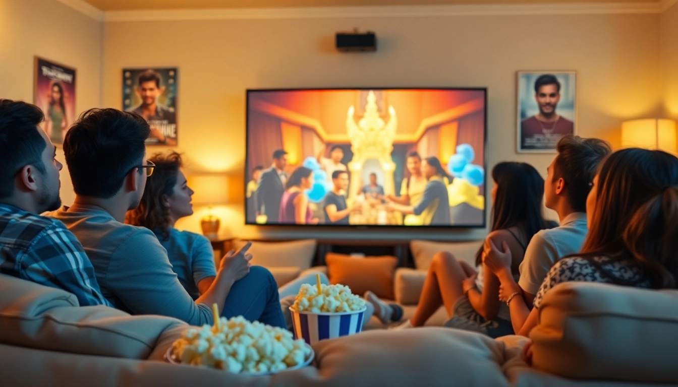 Enjoy ดูหนังออนไลน์ with friends while snacking and relaxing in a cozy living room.