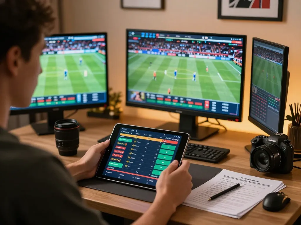Engaging in sports betting on vt88 with a tablet and live events displayed.