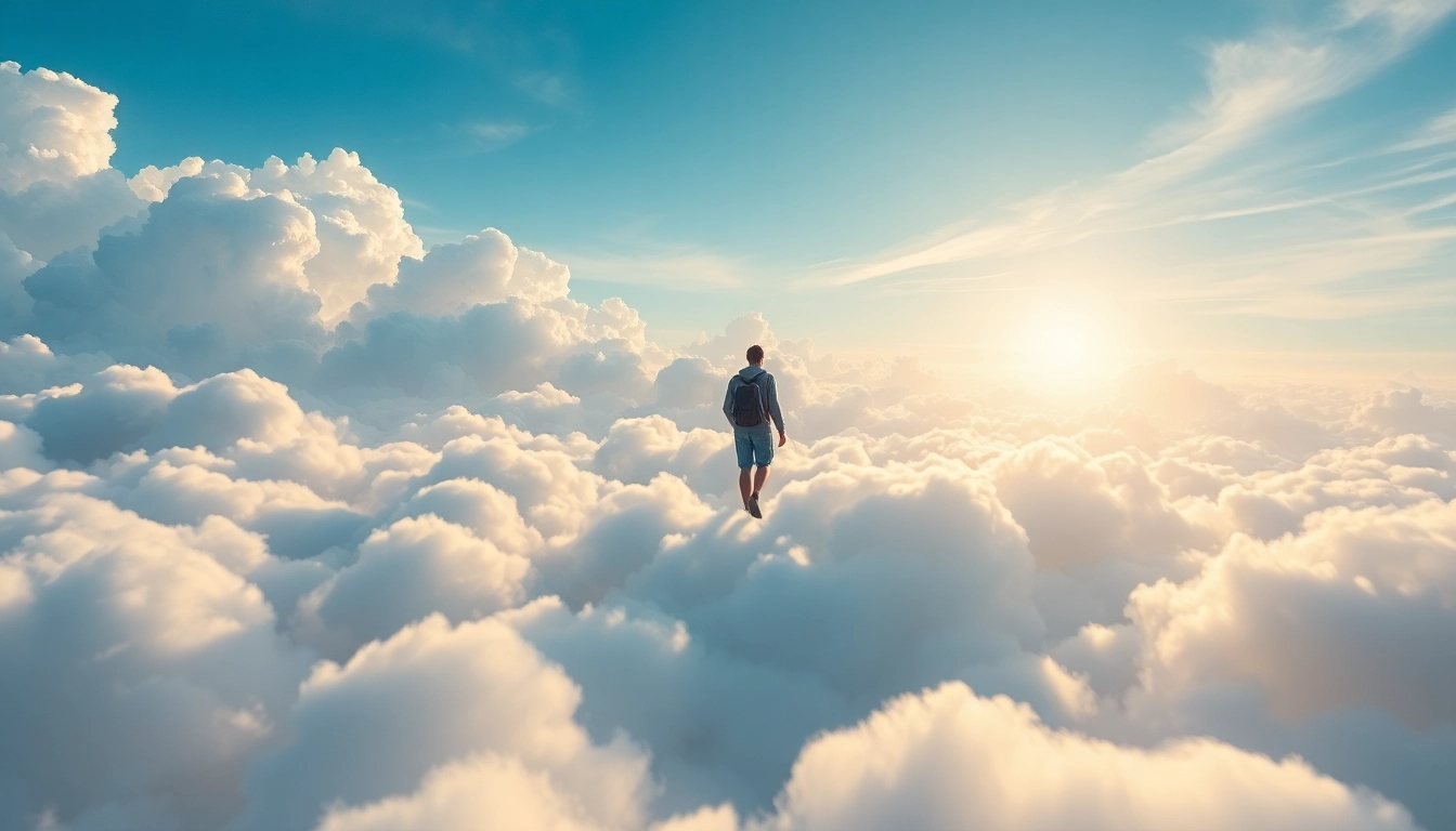 Walking on Clouds with a peaceful figure gently strolling over fluffy clouds in a serene landscape.