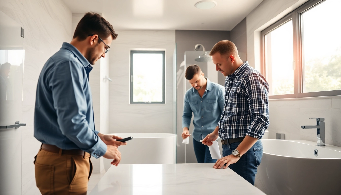Skilled bathroom builders working on a stylish and modern bathroom renovation project.