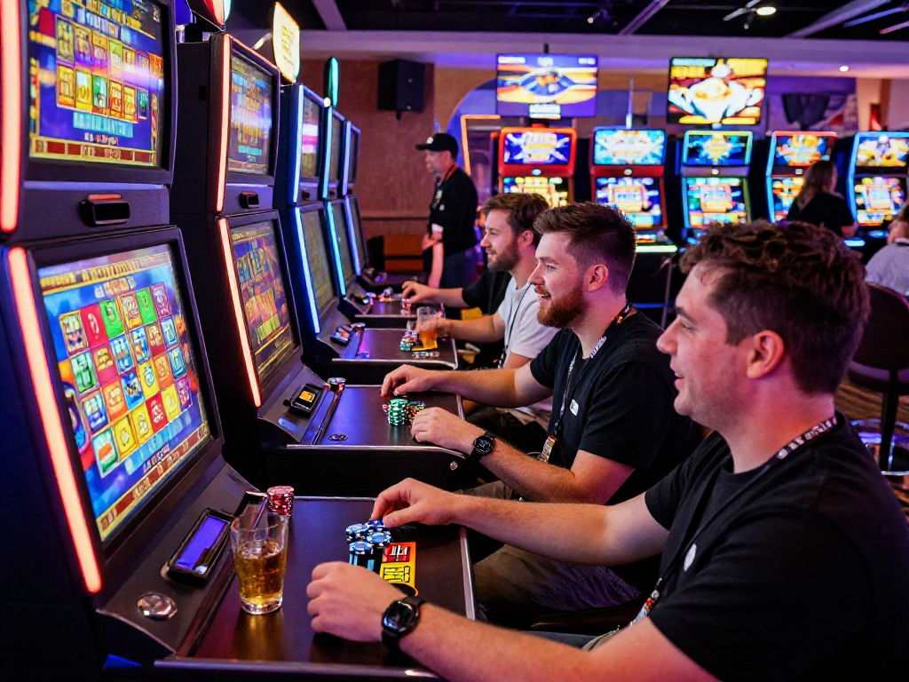 Enthusiastic players exploring new slot sites in the UK at a vibrant casino, engaging with digital bonus buy games.