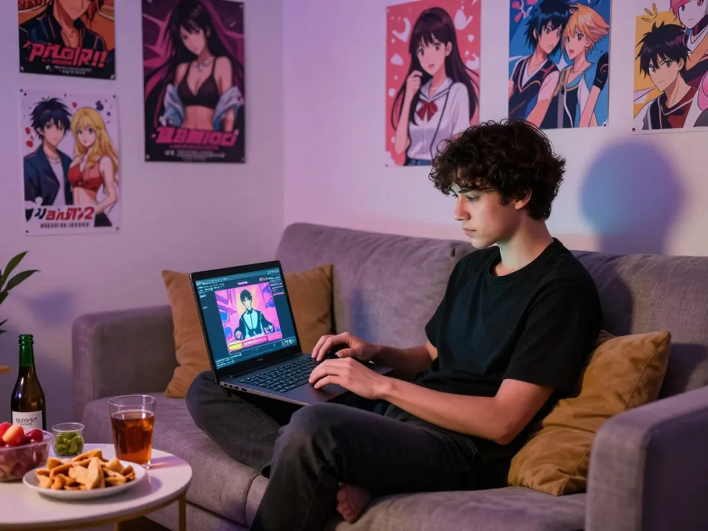 Gamer enjoying a sex simulator game on a laptop in a cozy atmosphere