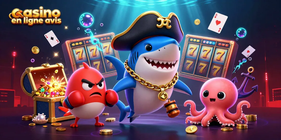 Illustration dynamique de casino en ligne avis avec des personnages marins jouant autour de jackpots et de jeux.