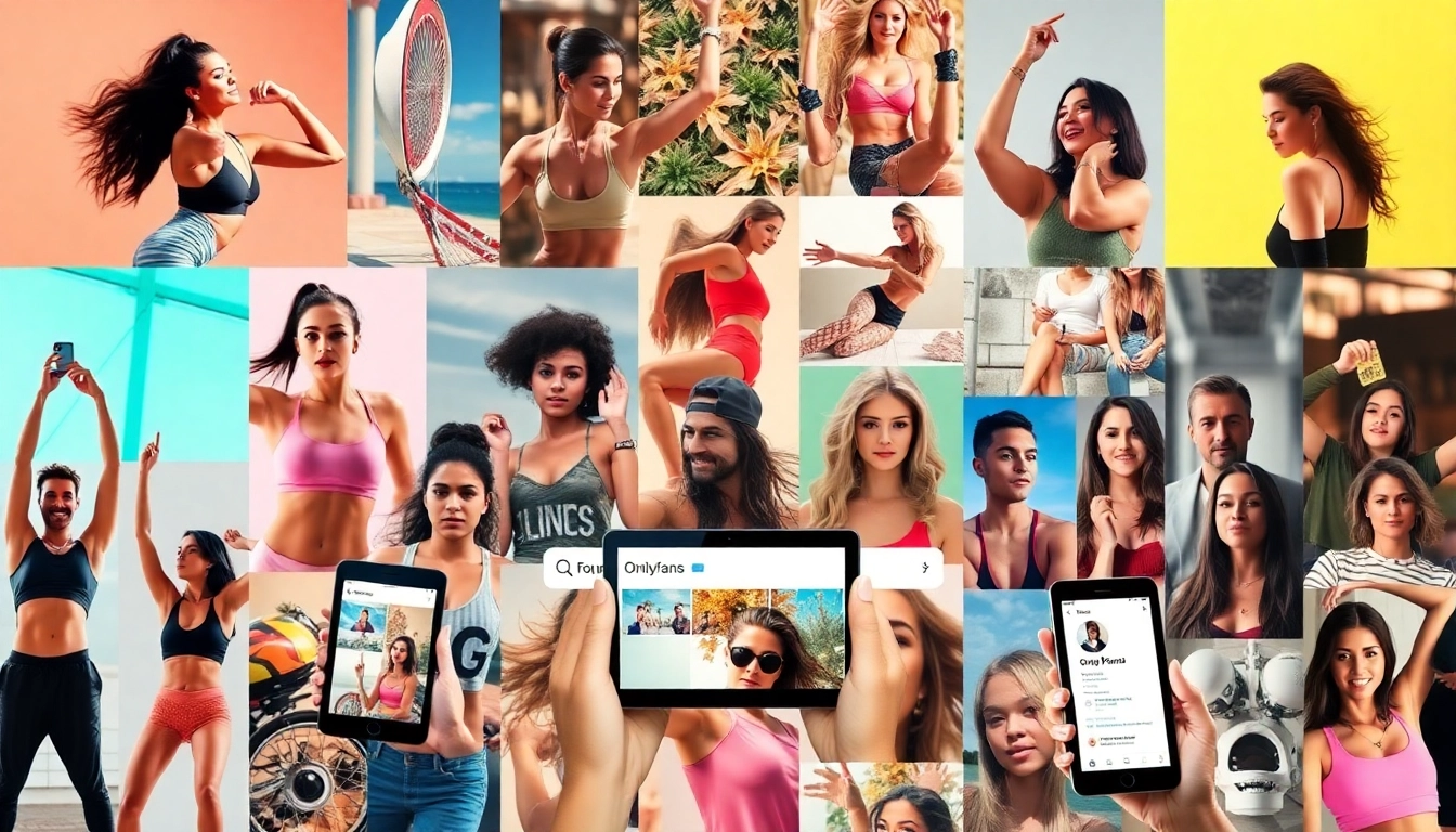 OnlyFans Search: Discover diverse content creators through a vibrant digital collage showcasing unique talents.
