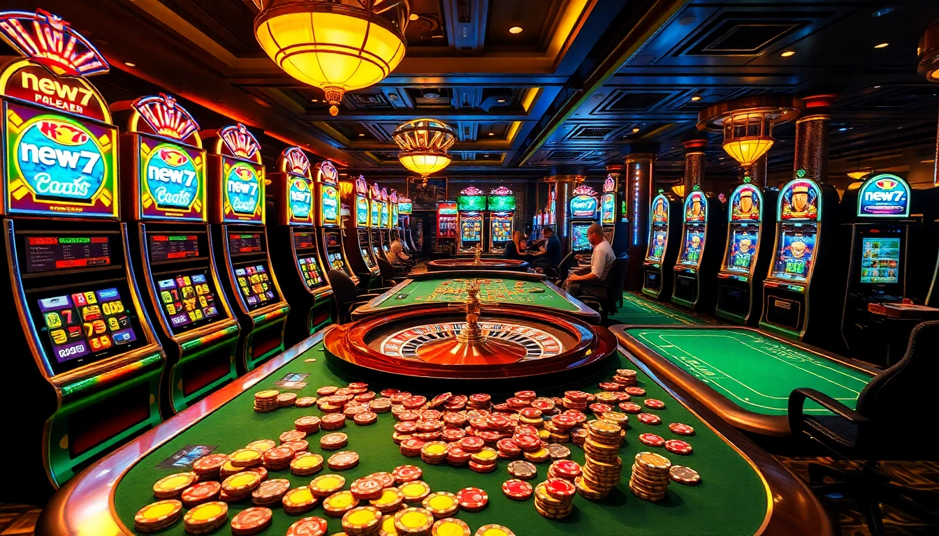 Experience high-stakes excitement at a new77 casino with vibrant slot machines and intense players.