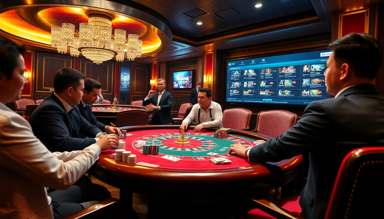Des joueurs de poker captivants à une table de casino en ligne luxueuse avec des jetons et des cartes.