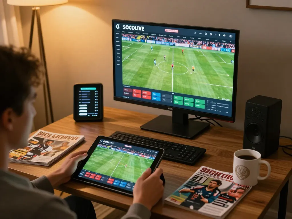 Socolive live sports betting via tablet with engaging interface displayed in modern home setting.