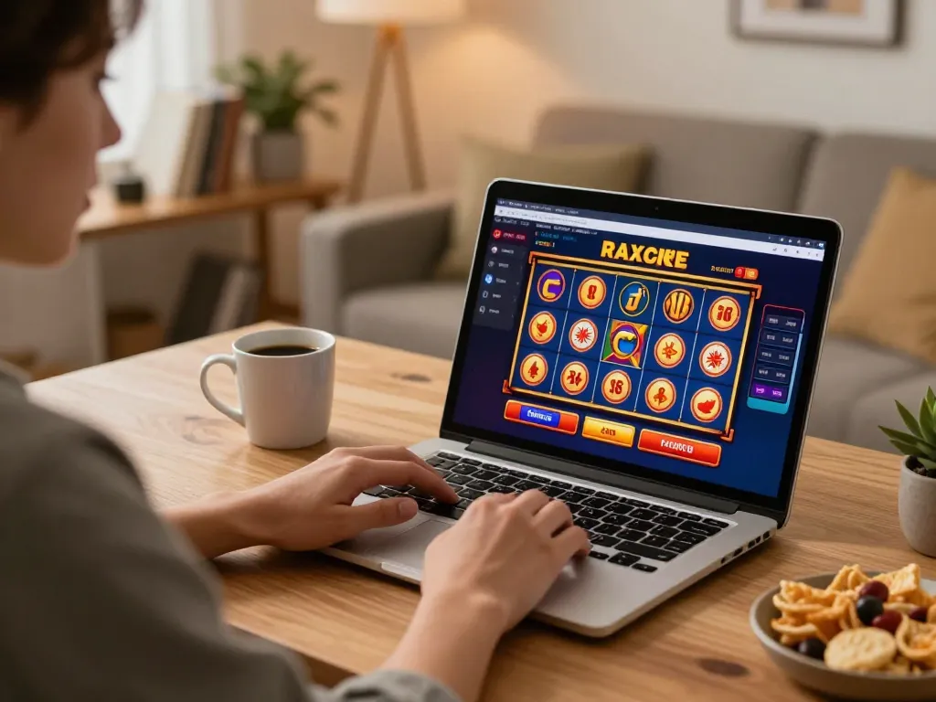 Engaging in online gameplay featuring link slot777 in a stylish home setting with vibrant graphics.