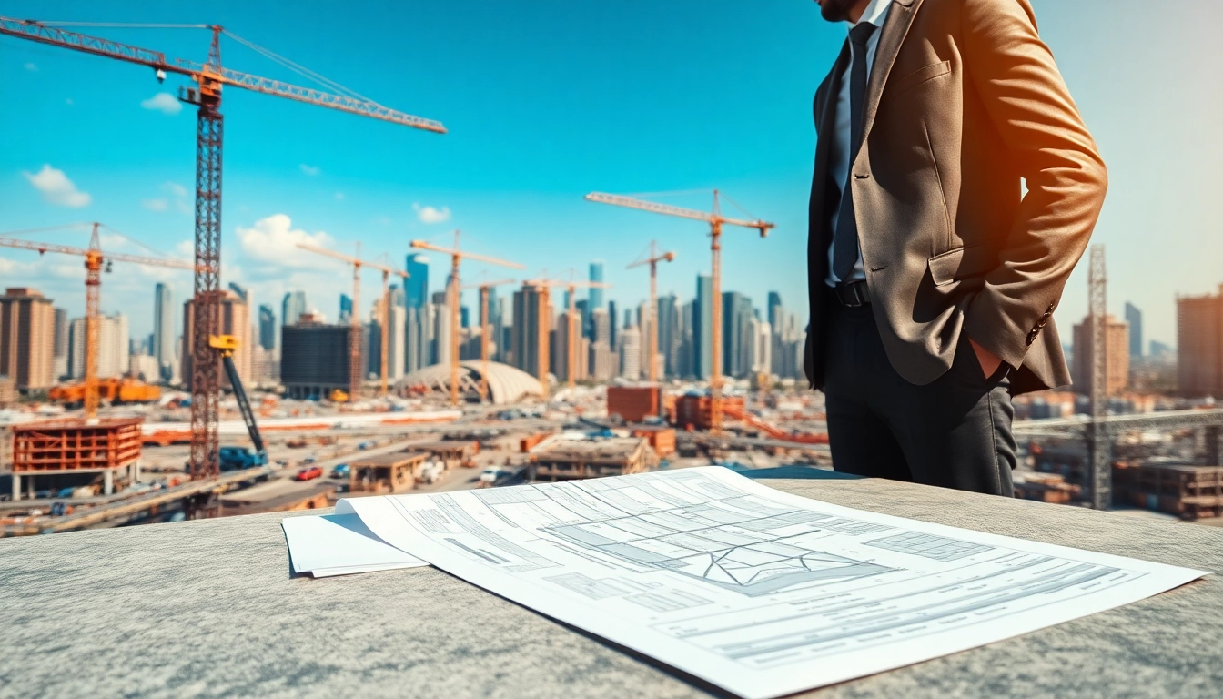 Building developer analyzing plans in a bustling construction site with urban skyline.