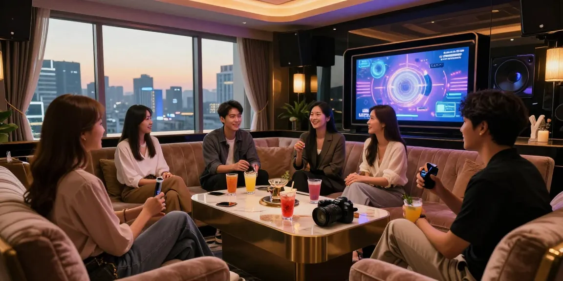 강남구구단에서 프라이빗 룸에서 즐거운 시간을 보내는 젊은 전문가들의 모습과 고급스러운 인테리어가 강조된 사진