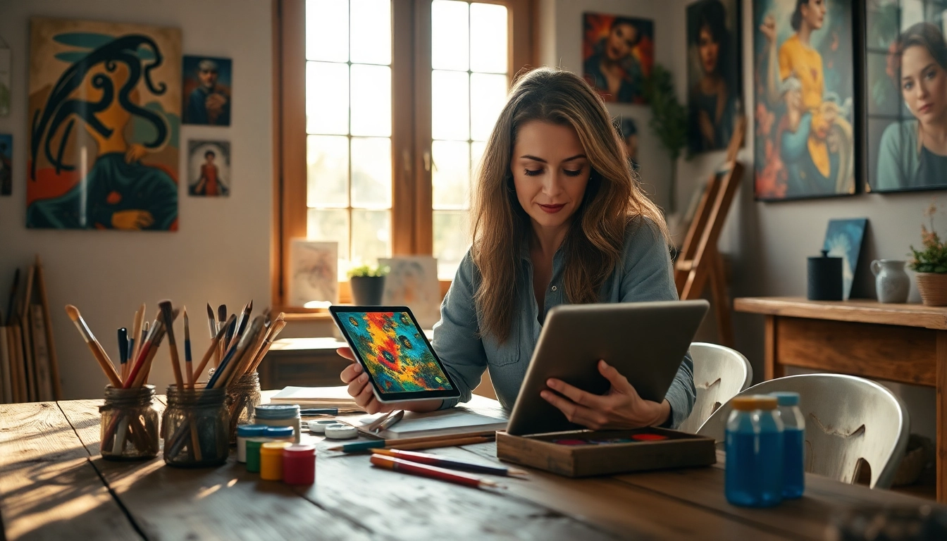 Image to prompt generation in a vibrant artist's studio with a focused woman creating AI prompts.