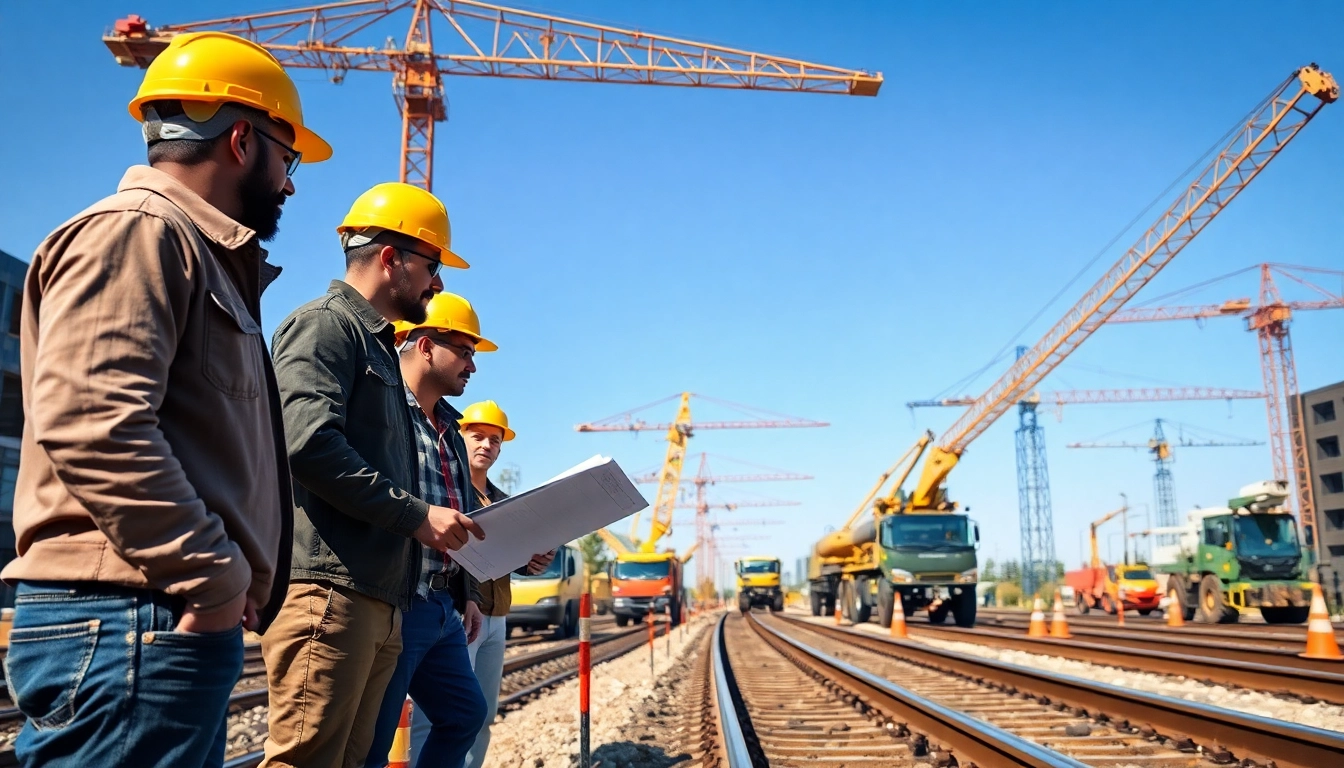 Railroad Contractors USA team collaborating on railroad construction site with safety gear.