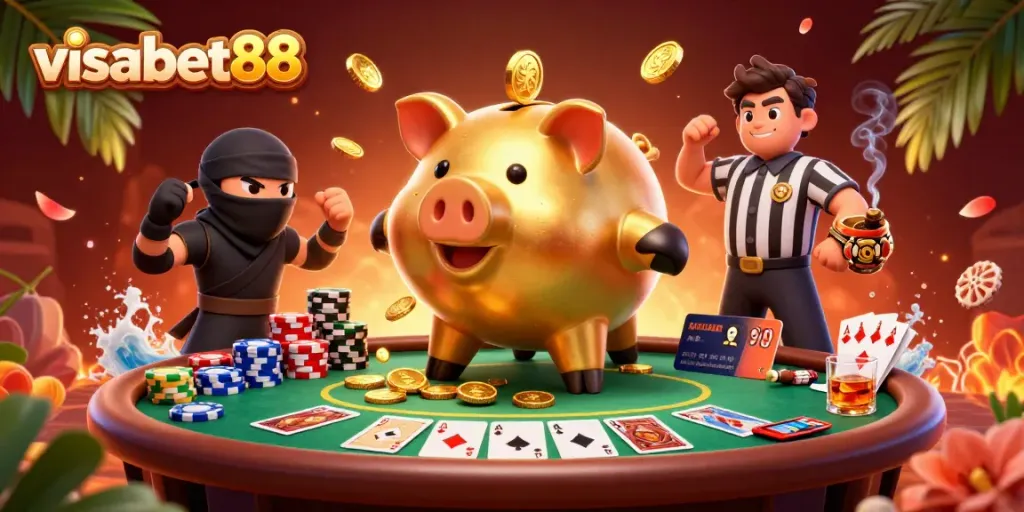 Experience the excitement of visabet88 with a sumo wrestler piggy bank surrounded by poker elements and a vibrant casino theme.